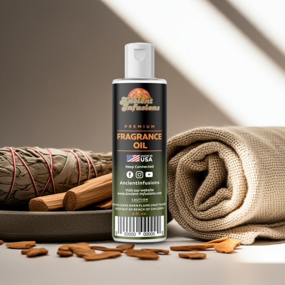 Bottle of Ancient Infusions fragrance oil with sage and wooden sticks on a neutral background