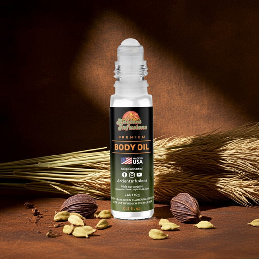 Santal Body Oil Roll-On bottle on dark rustic wood