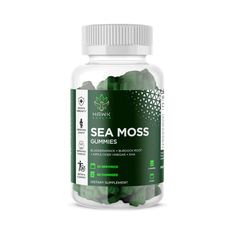 Bottle of Sea Moss Gummies with a white cap on a white background