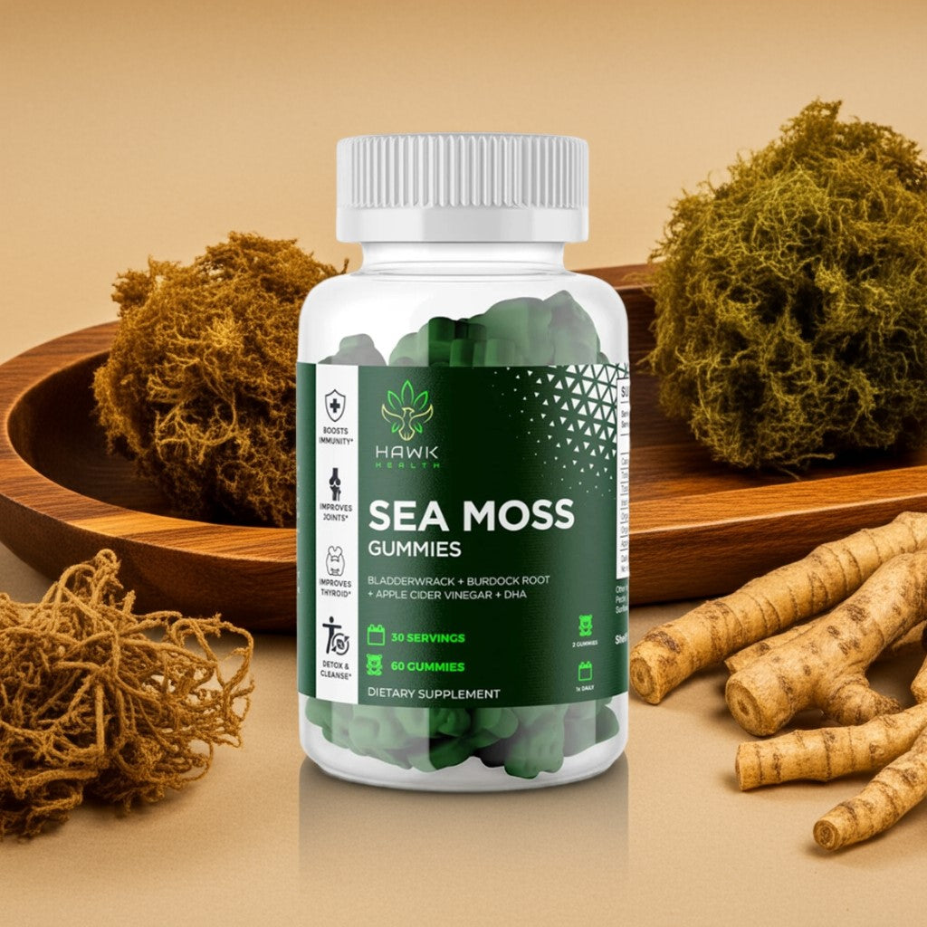 Bottle of Sea Moss Gummies with sea moss and roots on a wooden surface