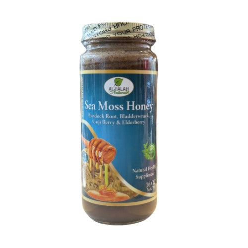 Sea Moss Herbal Honey 16 oz. jar front view with amber honey and herbs