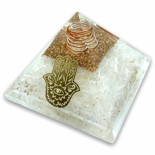 Ancient Infusions Selenite Orgonite Pyramid - Experience mental clarity and positive energy with the harmonious blend of Selenite crystal and orgonite technology.