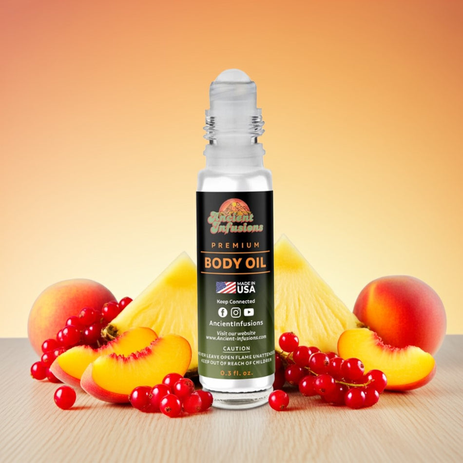 Sex on the Beach inspired body oil roll-on with tropical fruit accents on a wooden platform