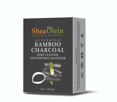 Shea Olein Activated Bamboo Charcoal Soap packaging emphasizing deep cleanse and detoxifying properties with bamboo charcoal image.