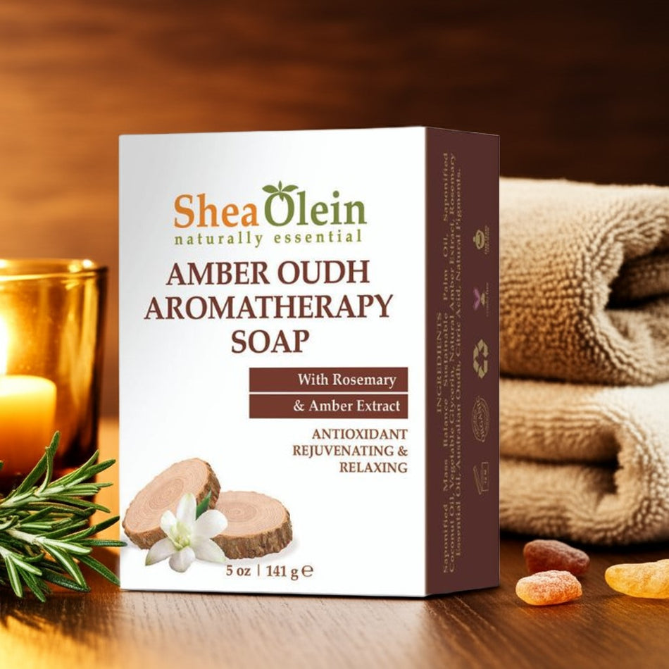 Shea Olein Amber Oudh Soap with rosemary and amber on a wooden counter – calming, antioxidant-rich aromatherapy bar.