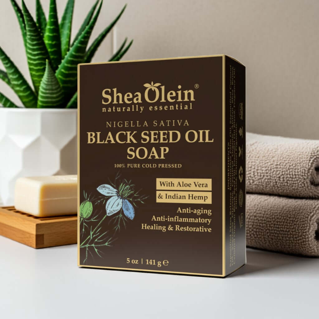 Shea Olein Black Seed Oil Soap Styled on Bathroom Countertop – Deep Cleansing Herbal Soap Bar.