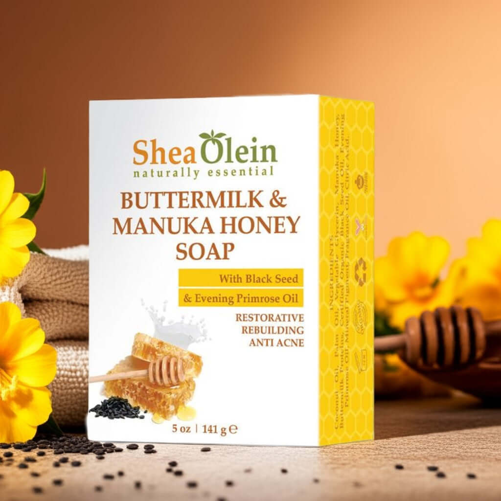 Shea Olein Buttermilk & Manuka Honey Soap with upright box, black seeds, primrose oil, and honeycomb on a warm-toned counter – restorative and anti-acne bar.