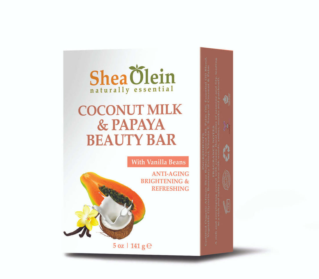 Shea Olein Coconut Milk & Papaya Beauty Soap with papaya and coconut ingredients displayed on packaging.