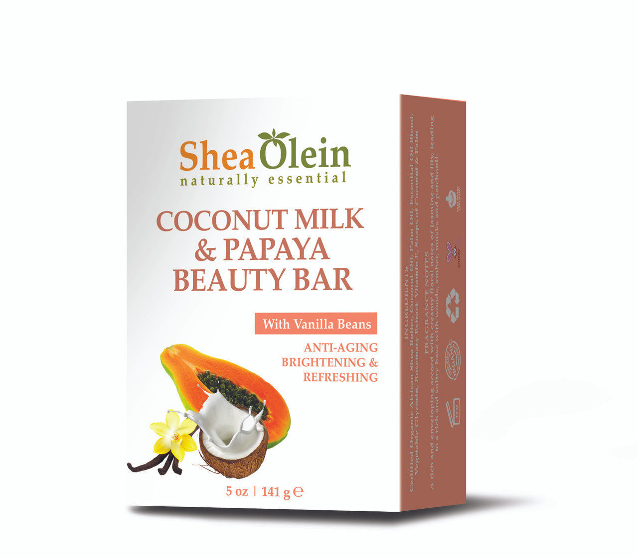 Shea Olein Coconut Milk & Papaya Beauty Bar with Vanilla Beans – Hydrating and Brightening Skincare Soap.