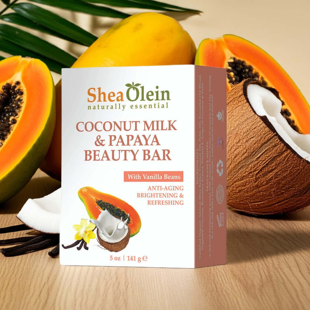 Shea Olein Coconut Milk & Papaya Beauty Soap with papaya and coconut ingredients displayed on packaging.