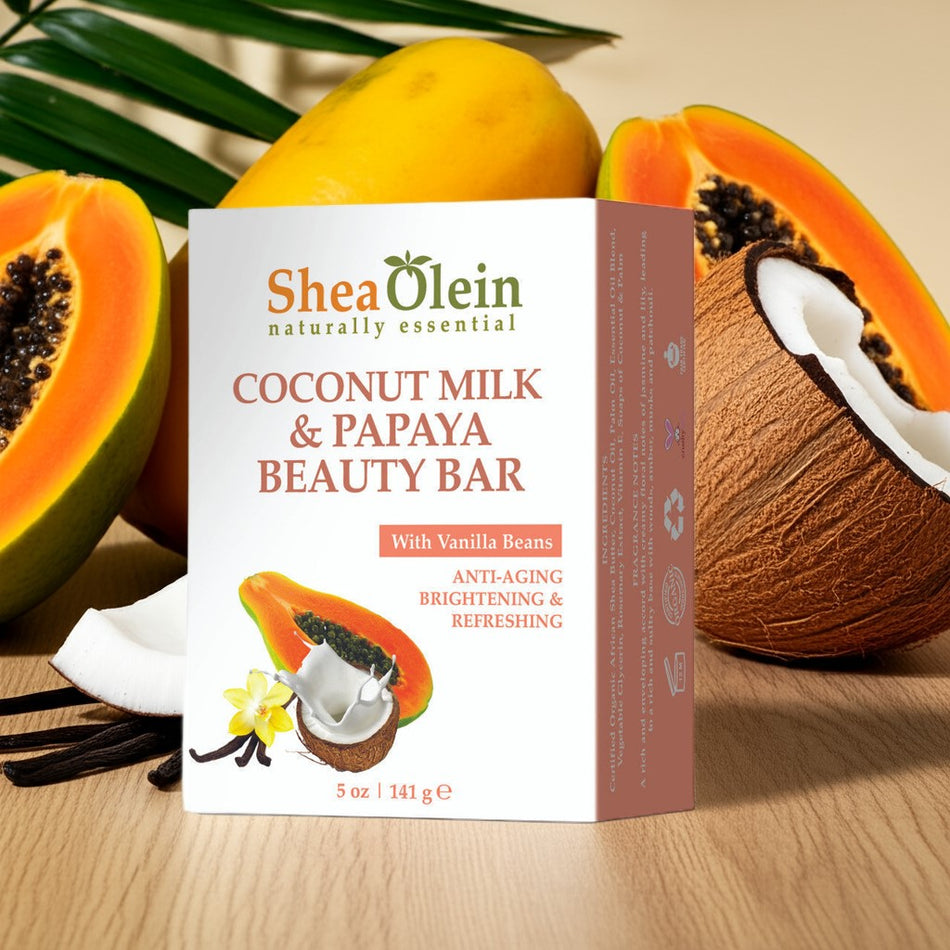 Shea Olein Coconut Milk & Papaya Beauty Bar with vanilla beans, papaya fruit, and coconut milk on tropical skincare scene.