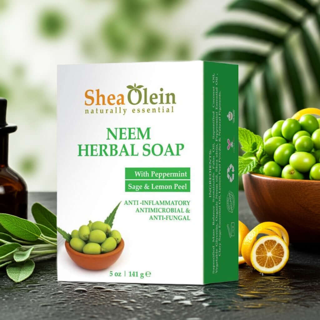 Shea Olein Neem Herbal Soap Bar with peppermint, sage, and lemon peel for detox, calm, and skin protection, displayed with greenery.