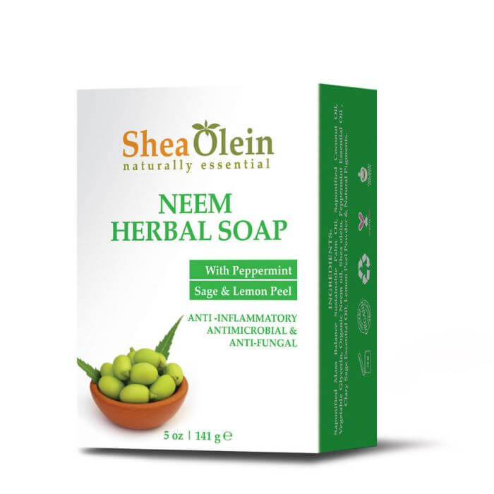 Shea Olein Neem Herbal Soap bar packaging with neem, peppermint, sage, and lemon peel for detox, calm, and skin protection.