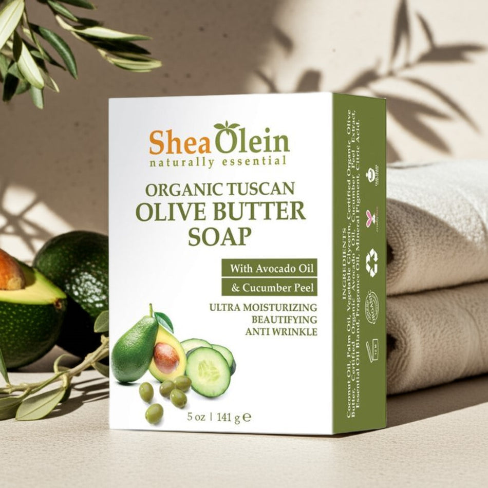 Shea Olein Olive Butter Soap with box, avocado oil, cucumber slices, and olives – ultra-moisturizing and antioxidant body bar.