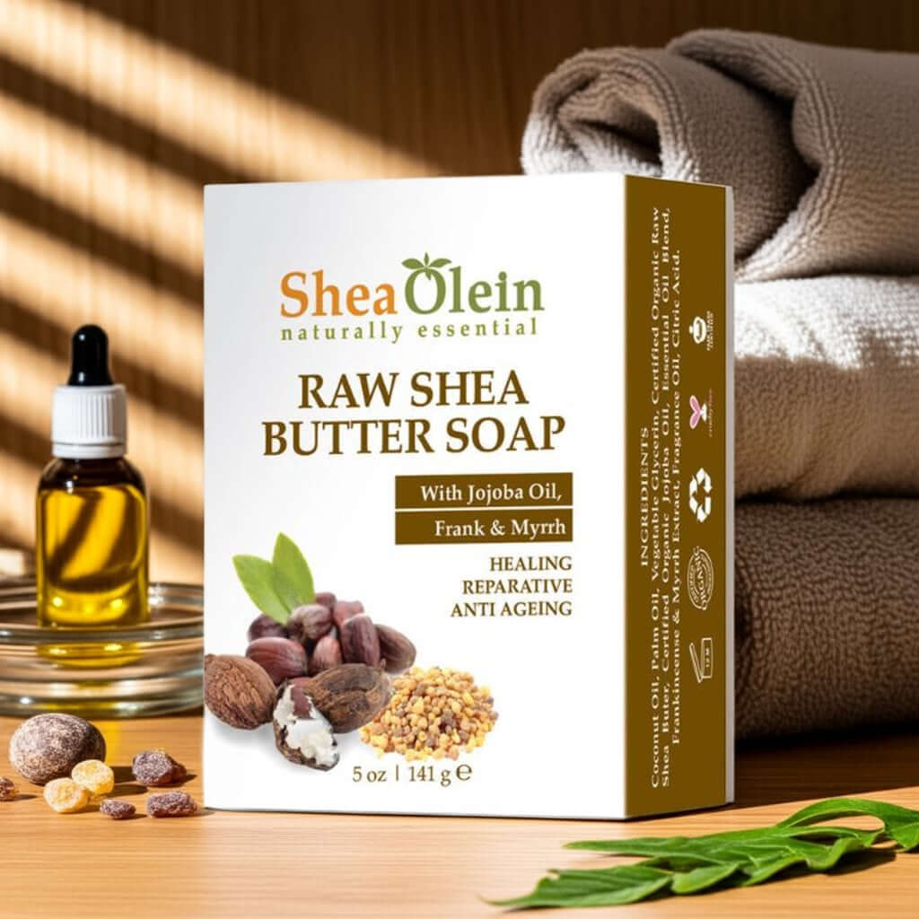 Shea Olein Raw Shea Butter Soap on wooden counter with shea nuts and whipped shea butter – moisturizing face and body bar for dry skin.