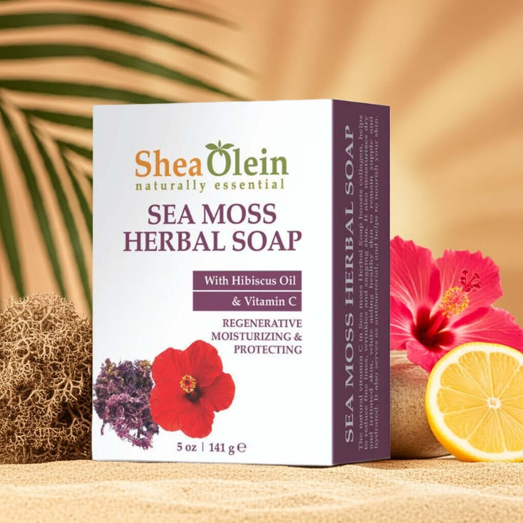 Shea Olein Sea Moss Herbal Soap displayed with hibiscus flower, sea moss, and citrus slices on a natural stone surface with a tropical botanical background.