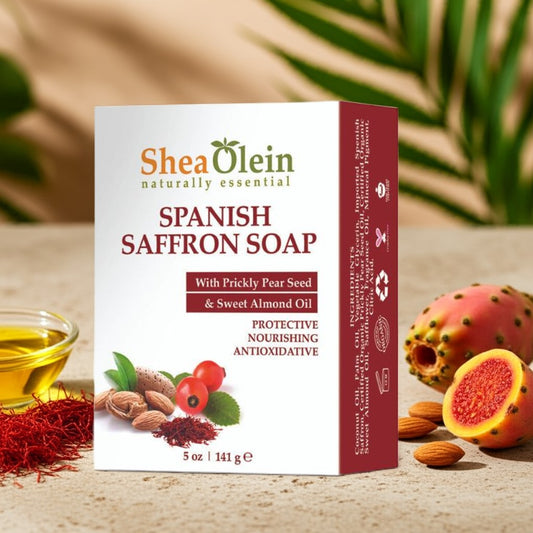 Shea Olein Spanish Saffron Soap with box, prickly pear, almonds, and saffron on a stone counter – antioxidant-rich bar for bright, nourished skin.