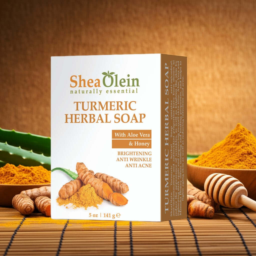 Shea Olein Turmeric Herbal Soap with aloe vera, honey, and turmeric root on a natural surface for brightening and anti-acne skincare.