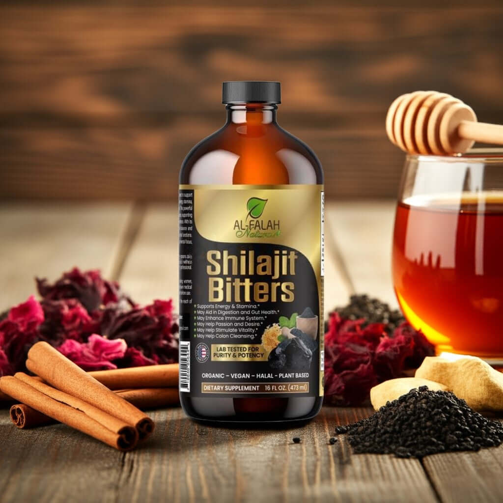 Bottle of Shilajit Bitters with a wooden background featuring herbs and honey.