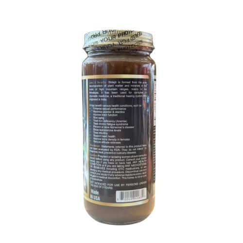 Side view of Shilajit Herbal Honey 16 oz. jar with label details