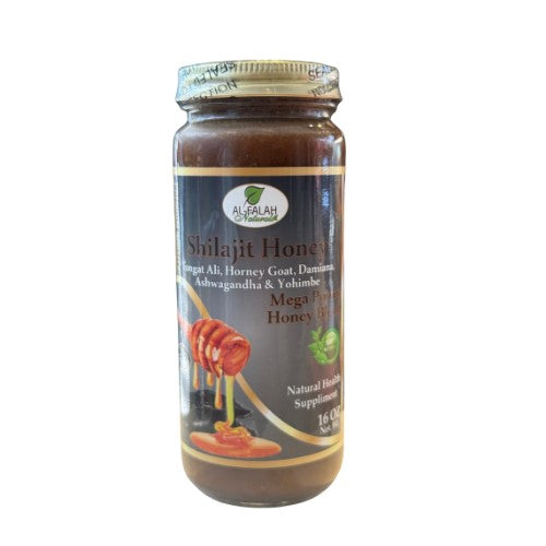 Jar of Shilajit Honey with a visible brand label on a white background