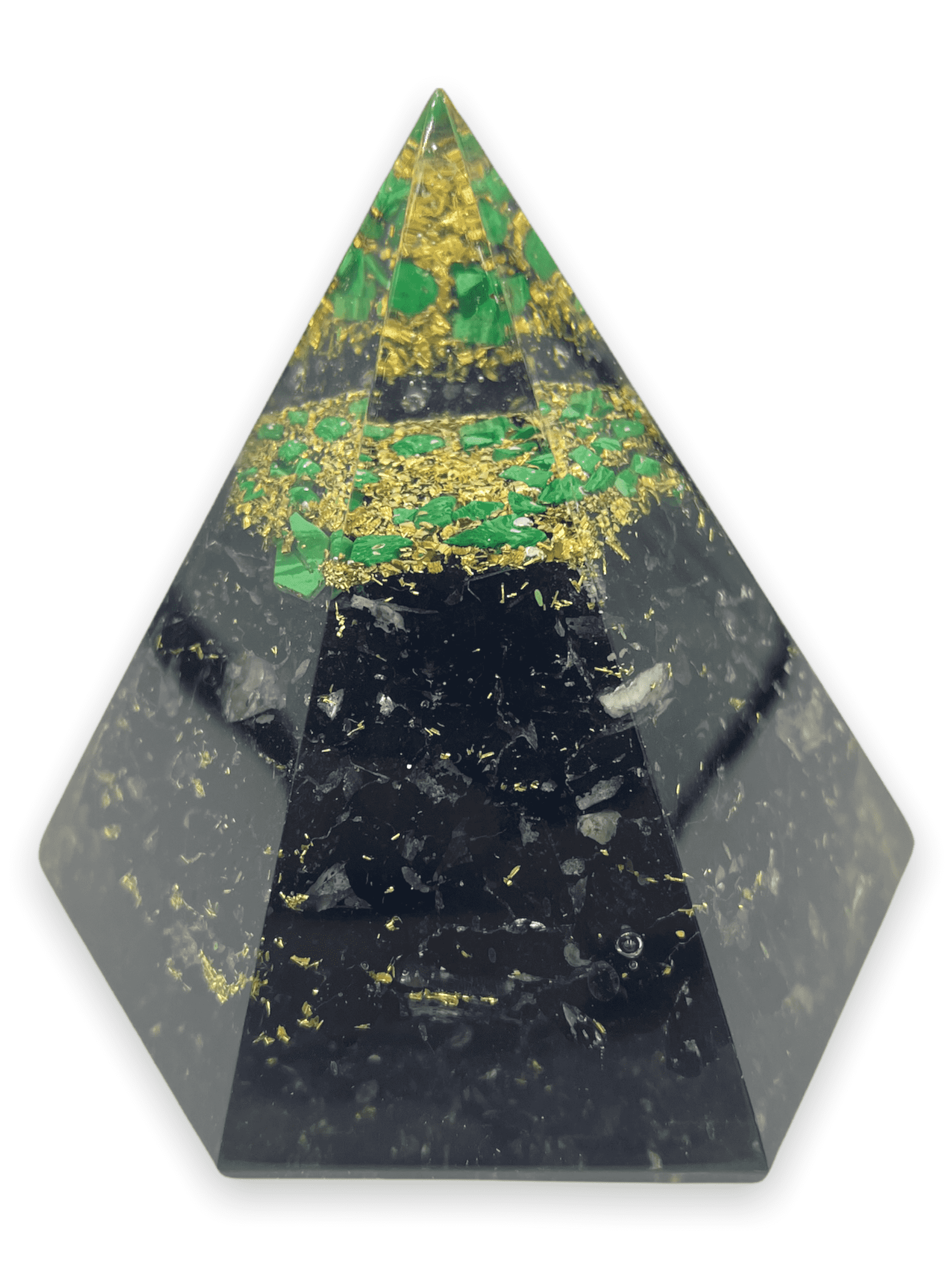 Shungite and Malachite Orgone Pyramid for protection, transformation, and energy balance.