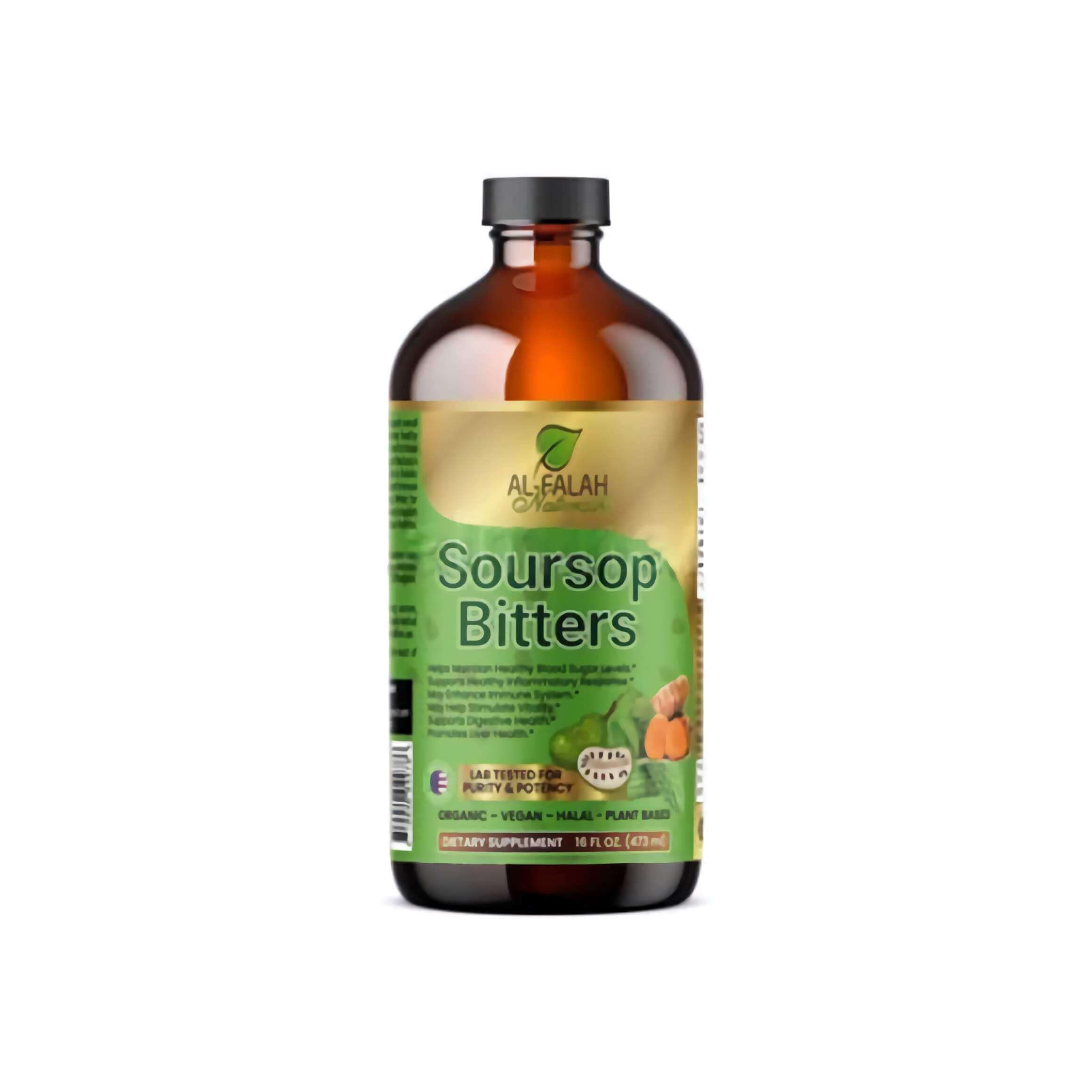 Bottle of Soursop Bitters with a green label on a white background