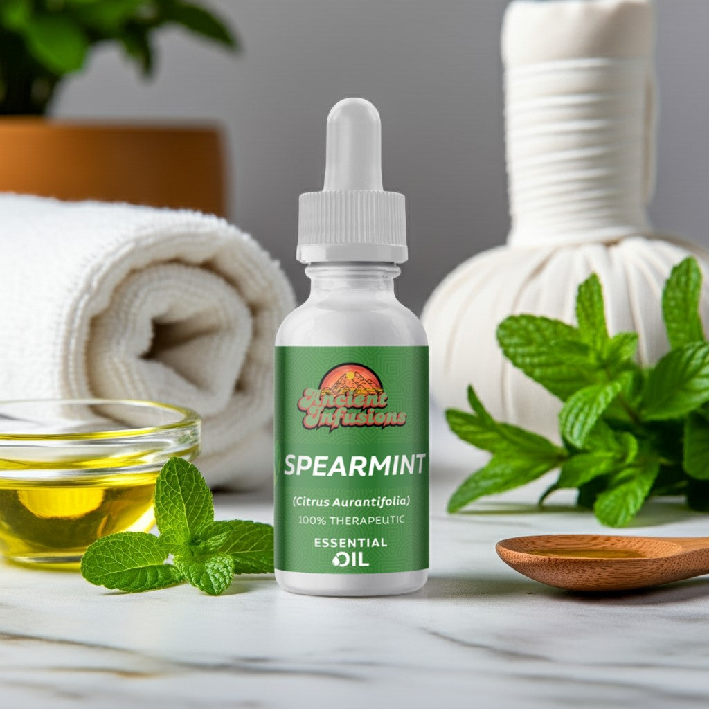 Spearmint Essential Oil bottle with fresh spearmint leaves, symbolizing focus and revitalization.
