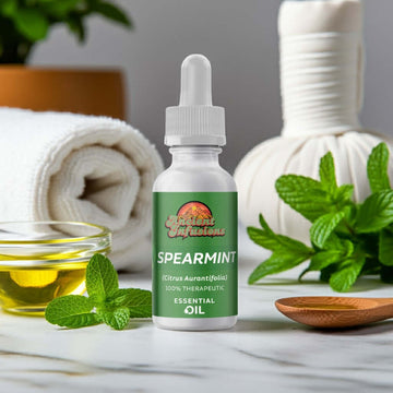 Spearmint Essential Oil bottle with fresh spearmint leaves, symbolizing focus and revitalization.