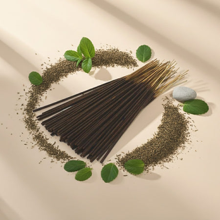 Spearmint Incense Sticks in the middle of a beige background with herbs and leaves around
