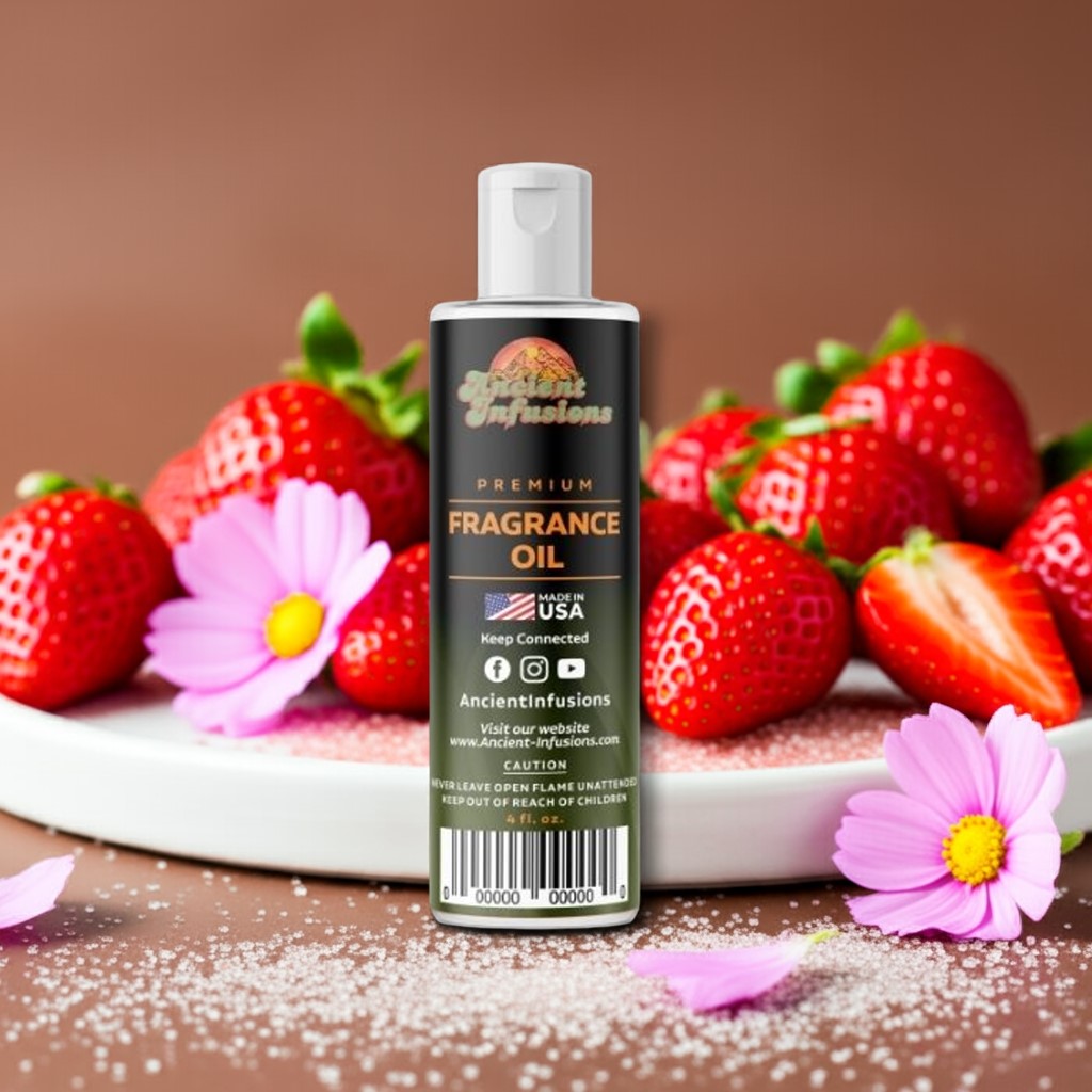 Bottle of Ancient Infusions fragrance oil with strawberries and flowers on a brown background