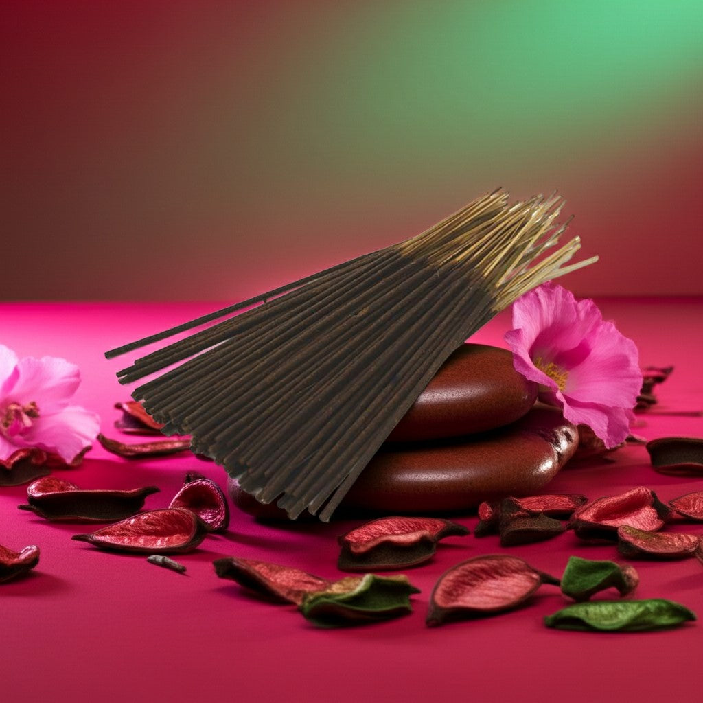 Strawberry Incense Sticks on top of red rocks and petals and leaves around