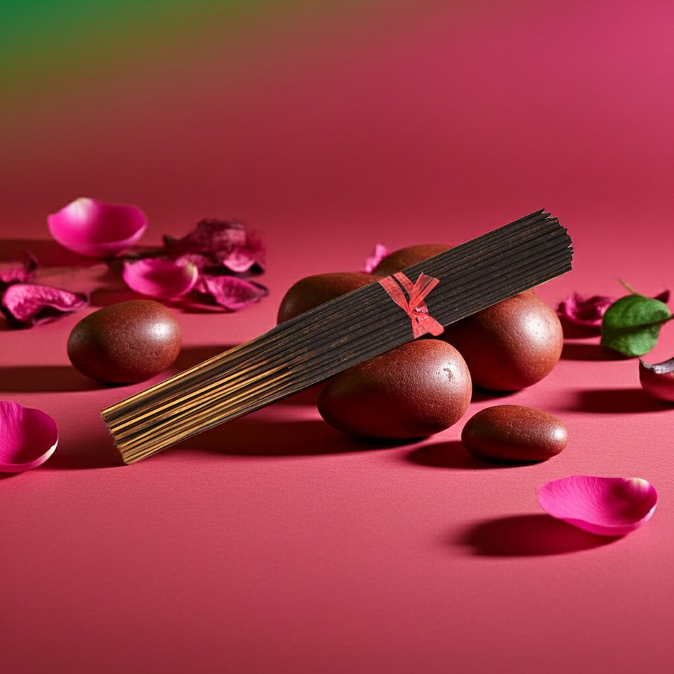 Strawberry Incense Sticks on top of red rocks and petals and leaves around