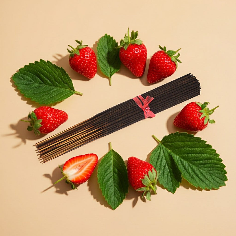 Strawberry Watermelon Incense Sticks in the center of beige background with strawberries and leaves around them