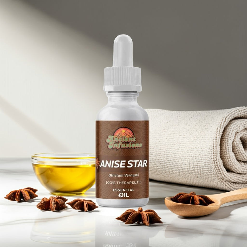 Therapeutic anise star essential oil by Ancient Infusions – 100% pure aromatherapy oil for digestion support, relaxation, and respiratory health.