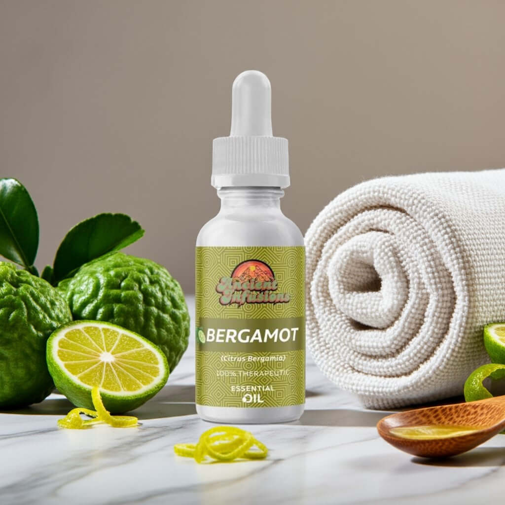 Therapeutic bergamot essential oil by Ancient Infusions – 100% pure citrus aromatherapy oil for stress relief, mood enhancement, and skincare.