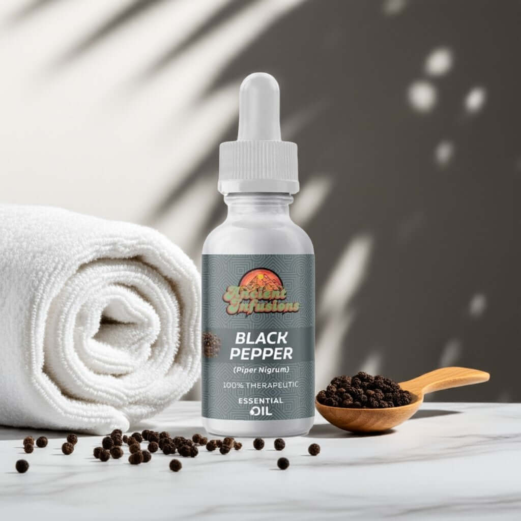 Therapeutic black pepper essential oil by Ancient Infusions – 100% pure aromatherapy oil for muscle relief, circulation support, and boosting energy.