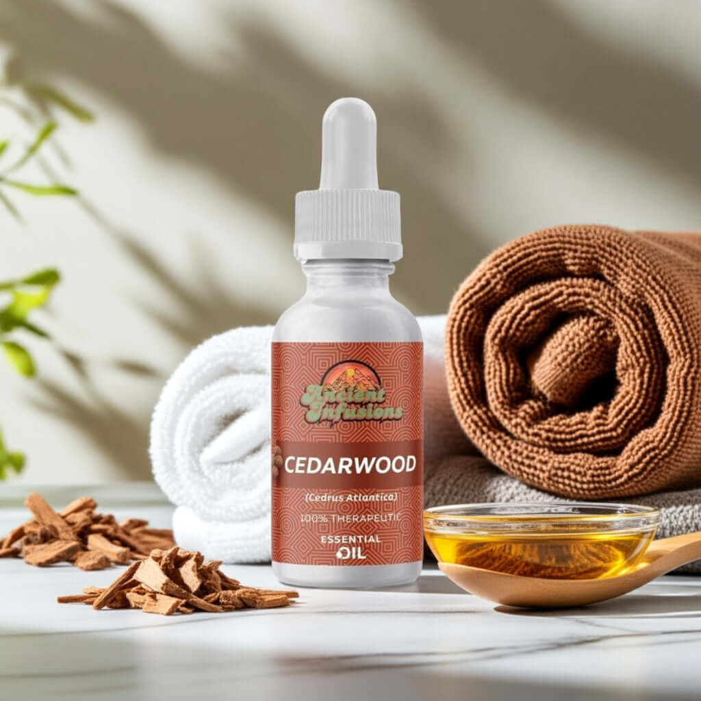 Therapeutic cedarwood atlas essential oil by Ancient Infusions – 100% pure aromatherapy oil for relaxation, focus, and healthy skin and hair.