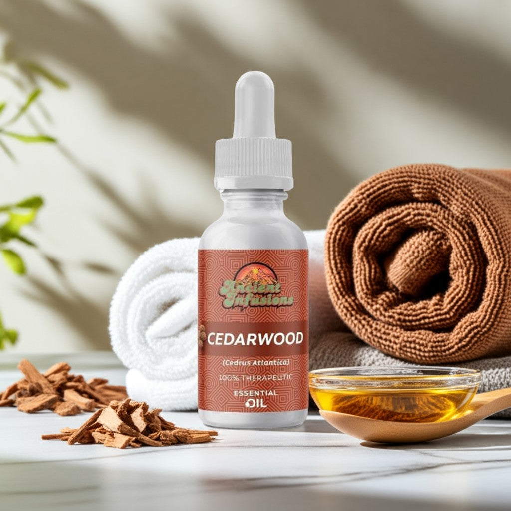 Therapeutic cedarwood atlas essential oil by Ancient Infusions – 100% pure aromatherapy oil for relaxation, focus, and healthy skin and hair.