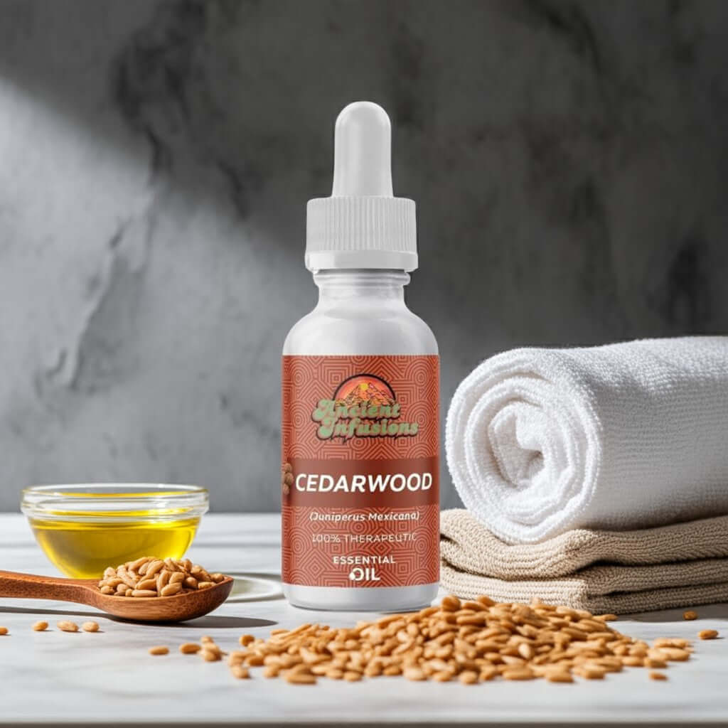 Therapeutic cedarwood Texas essential oil by Ancient Infusions – 100% pure aromatherapy oil for relaxation, respiratory support, and healthy skin and hair.
