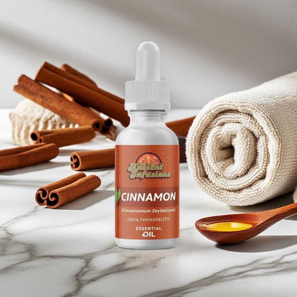Therapeutic cinnamon leaf essential oil by Ancient Infusions – 100% pure aromatherapy oil for immune support, stress relief, and warming comfort.