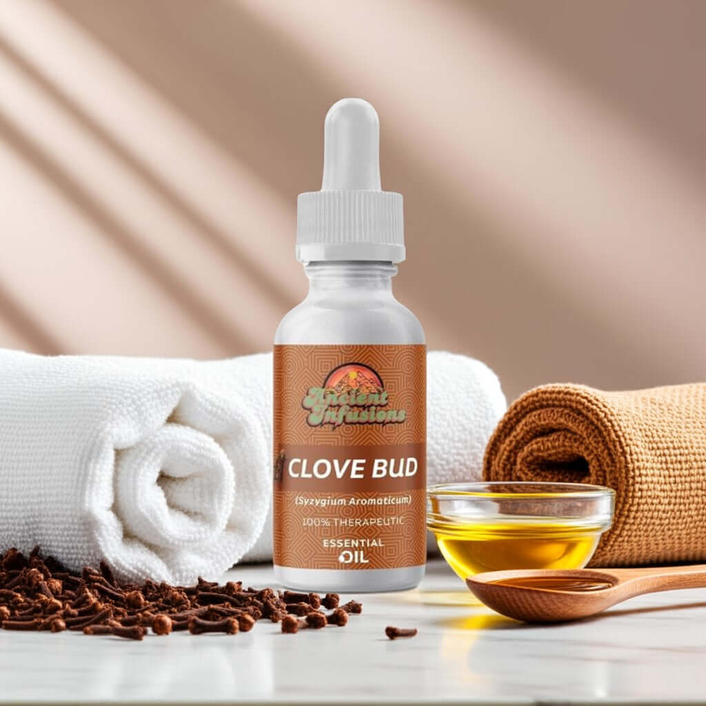 Therapeutic clove bud essential oil by Ancient Infusions – 100% pure aromatherapy oil for pain relief, immune support, and dental care.