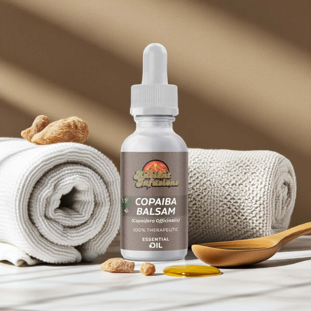 Therapeutic copaiba balsam essential oil by Ancient Infusions – 100% pure aromatherapy oil for inflammation support, skincare, and emotional balance.