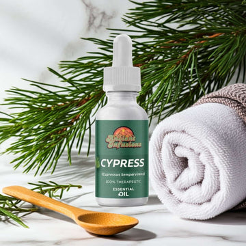 Therapeutic cypress essential oil by Ancient Infusions – 100% pure aromatherapy oil for circulation support, respiratory health, and emotional balance.