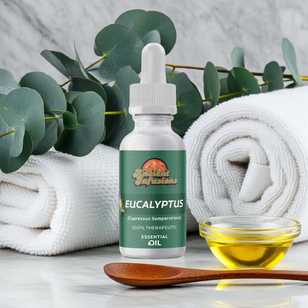 Therapeutic eucalyptus essential oil by Ancient Infusions – 100% pure aromatherapy oil for respiratory support, sinus relief, and natural energy boost.