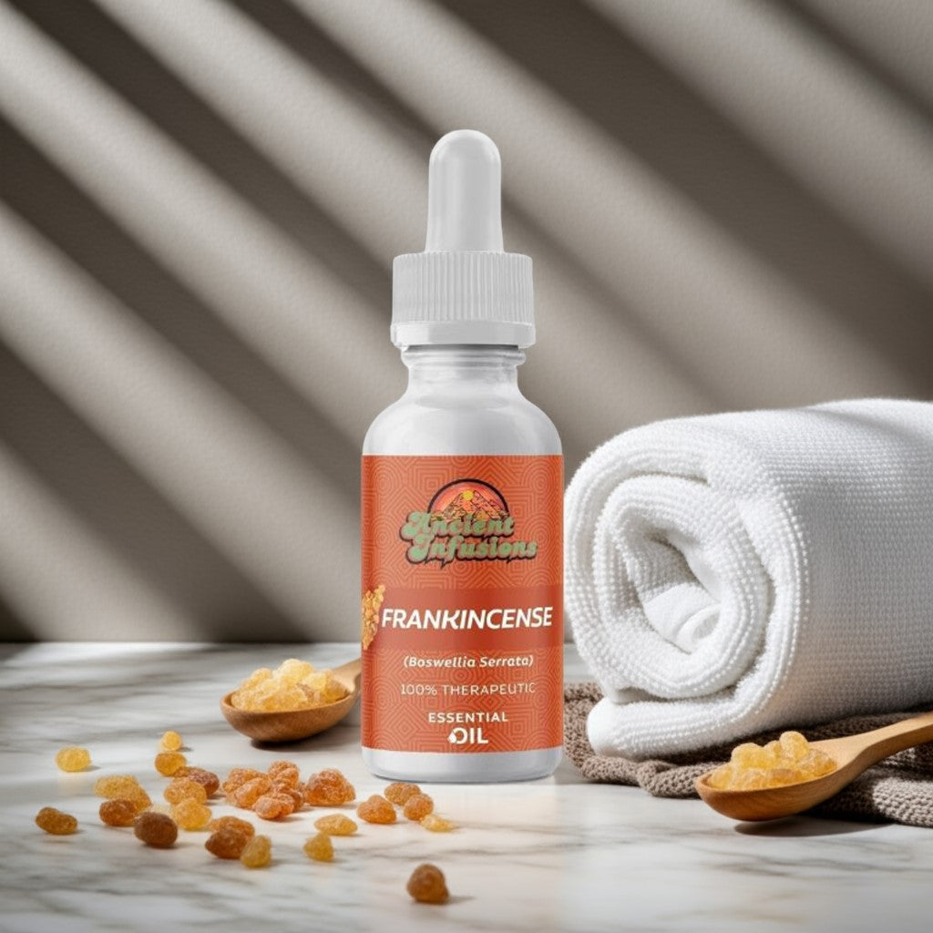 Therapeutic frankincense essential oil by Ancient Infusions – 100% pure aromatherapy oil for stress relief, skin rejuvenation, and spiritual wellness.