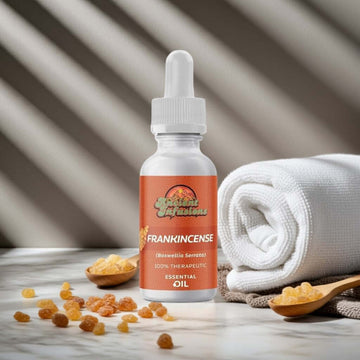 Therapeutic frankincense essential oil by Ancient Infusions – 100% pure aromatherapy oil for stress relief, skin rejuvenation, and spiritual wellness.