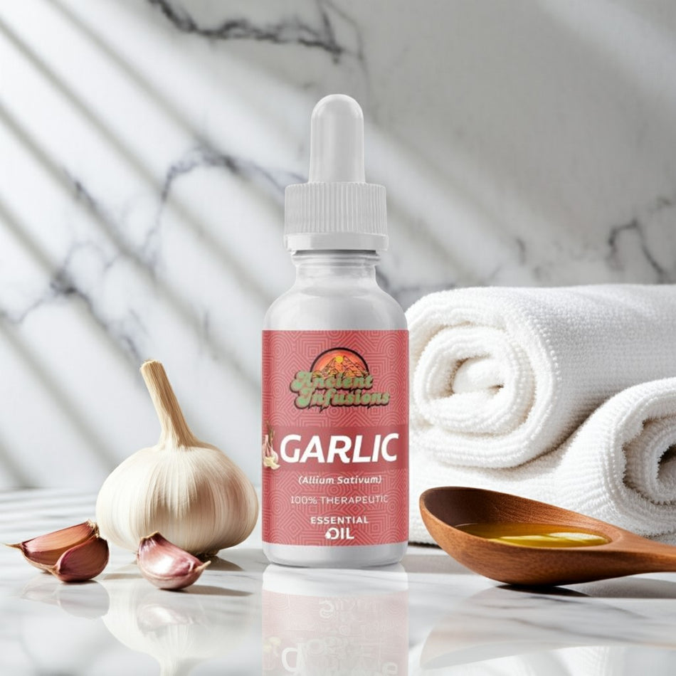 Therapeutic garlic essential oil by Ancient Infusions – 100% pure aromatherapy oil for immune support, cardiovascular health, and natural cleansing.