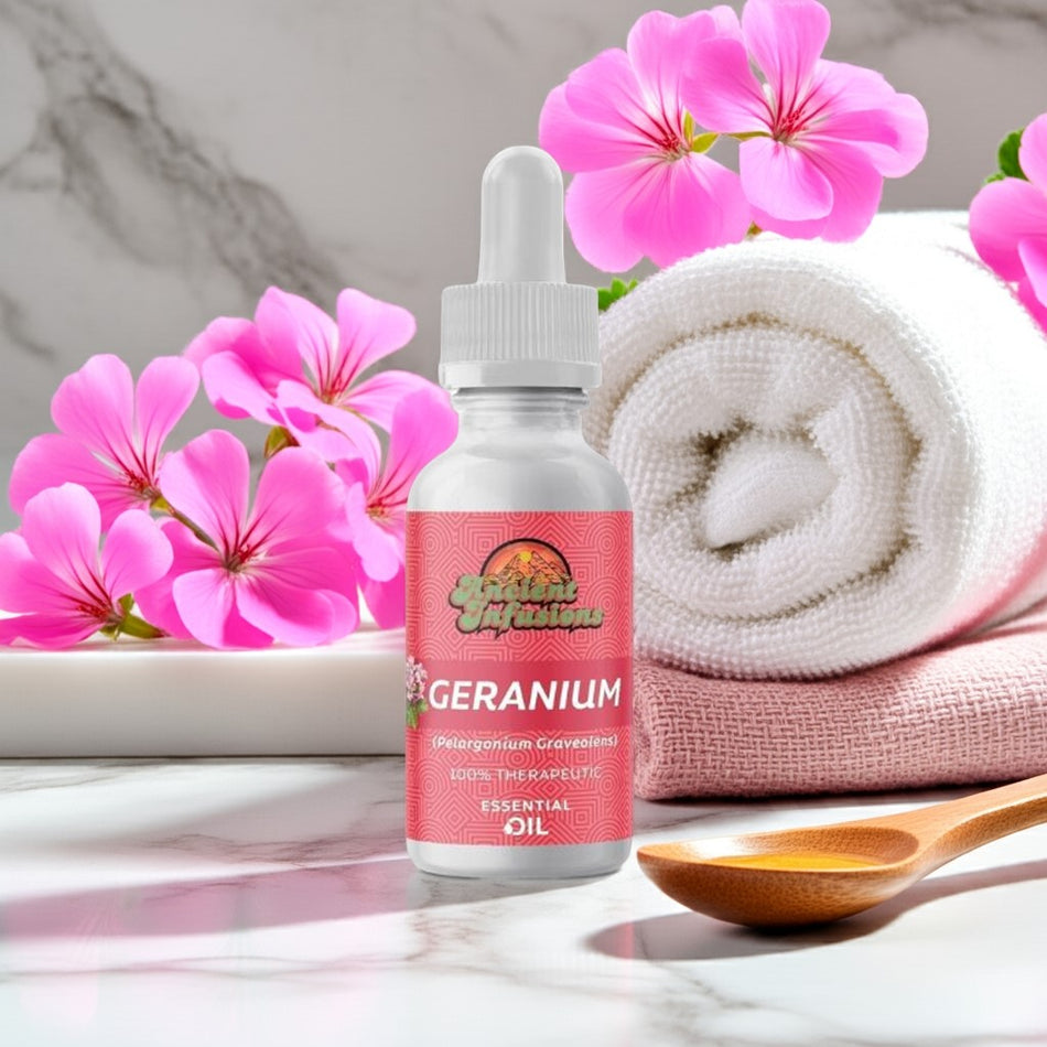 Therapeutic geranium essential oil by Ancient Infusions – 100% pure aromatherapy oil for skincare, emotional balance, and hormone support.