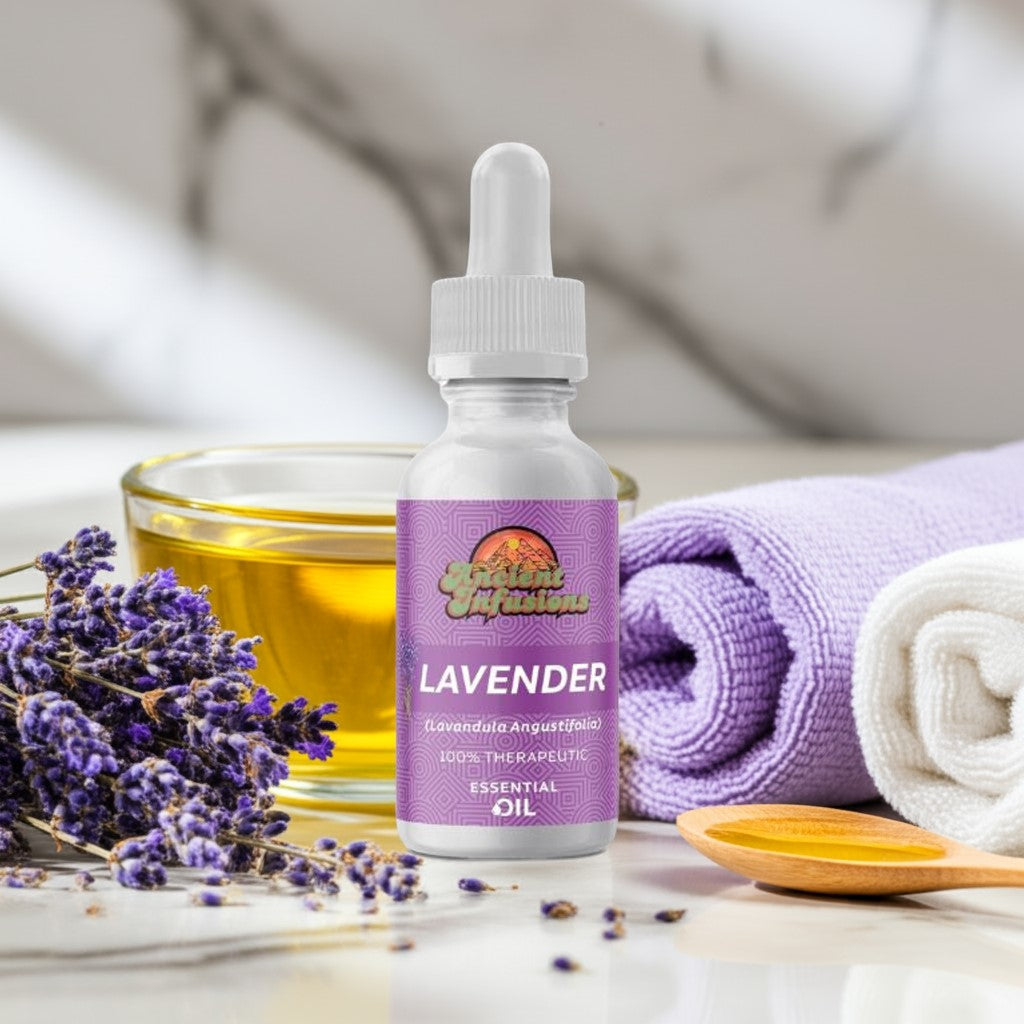 Therapeutic lavender essential oil by Ancient Infusions – 100% pure aromatherapy oil for relaxation, stress relief, and sleep support.